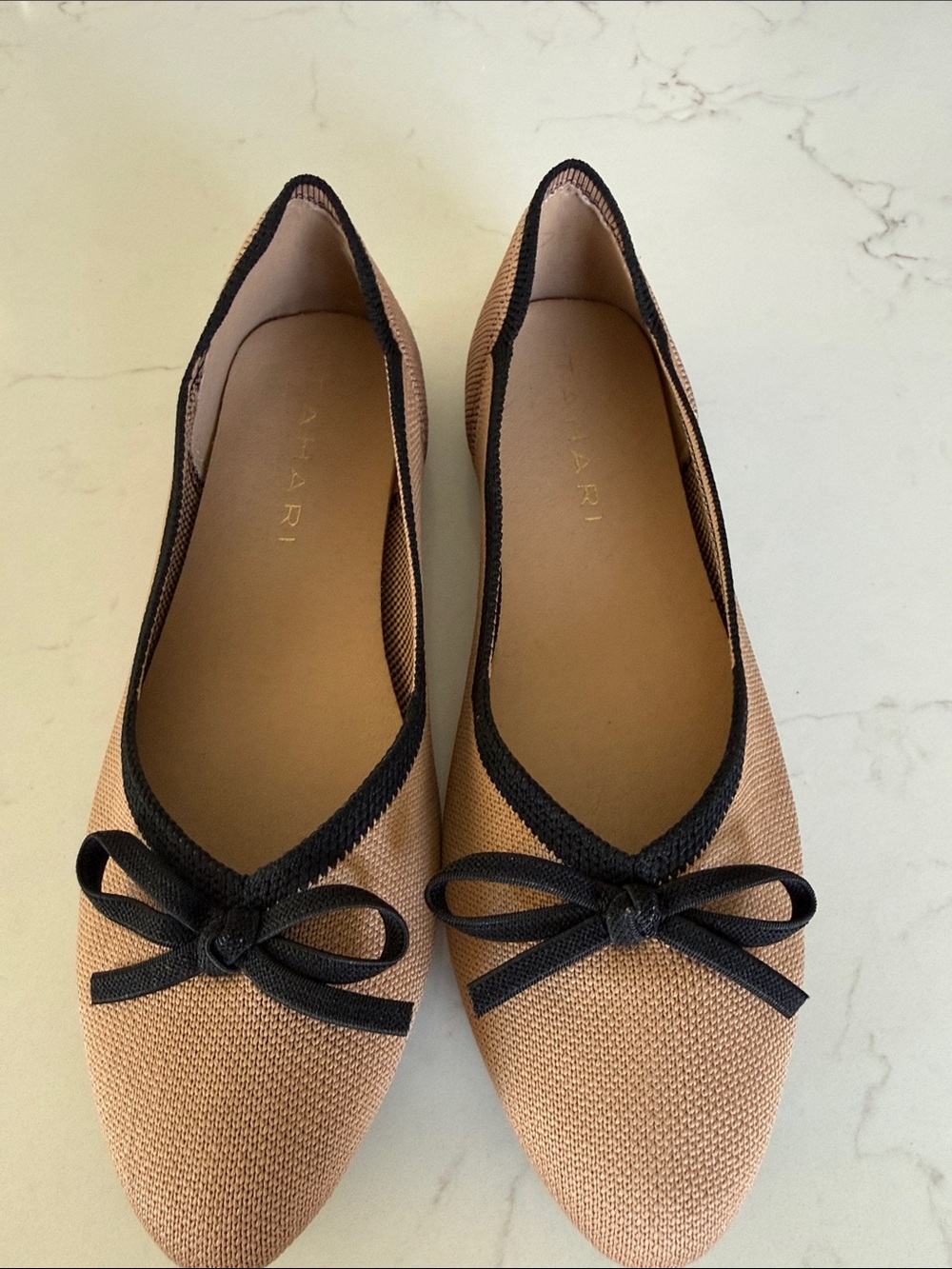 Tahari Tan Pointed Ballet Flats with Black Trim
